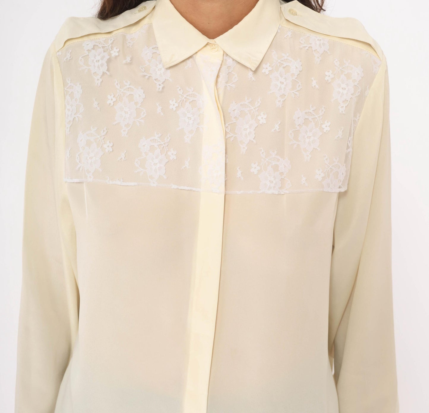 90s Oscar De La Renta Cream Lace Yoke Blouse Floral Embroidered Sheer Medium