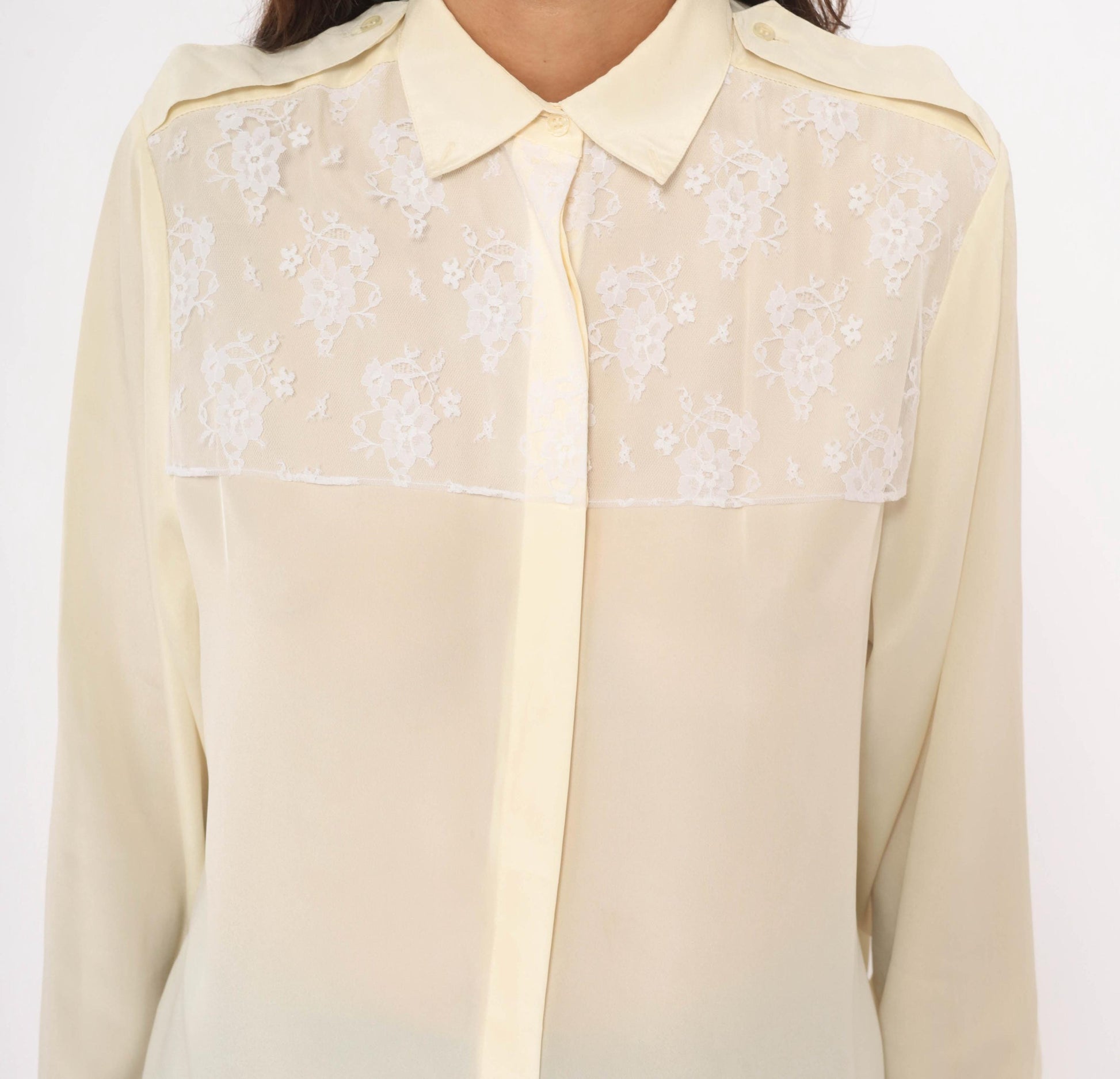 90s Oscar De La Renta Cream Lace Yoke Blouse Floral Embroidered Sheer Medium