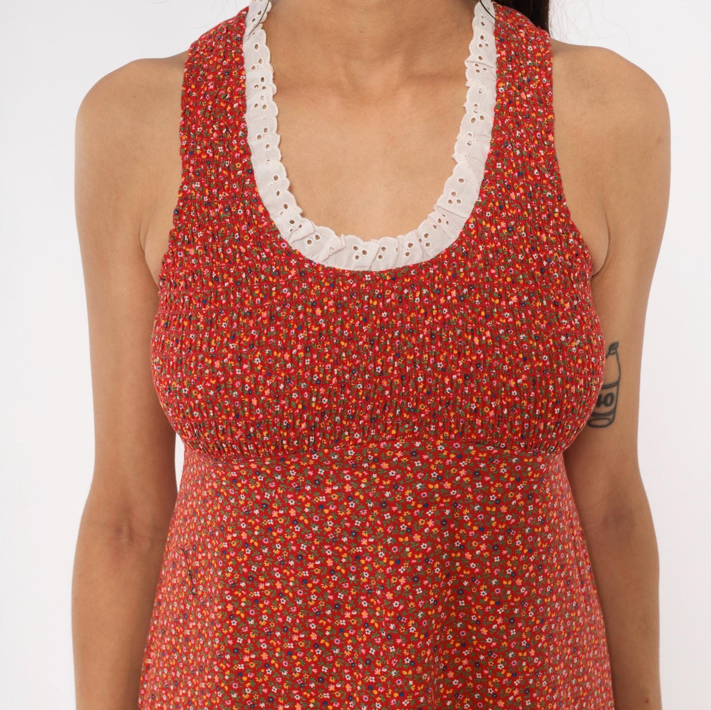 70s Red Ditsy Floral Mini Dress Cotton Eyelet Lace Smocked Small