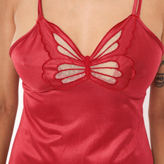 70s Berry Red Butterfly Cutout Nylon Nightgown Maxi Spaghetti Strap Small