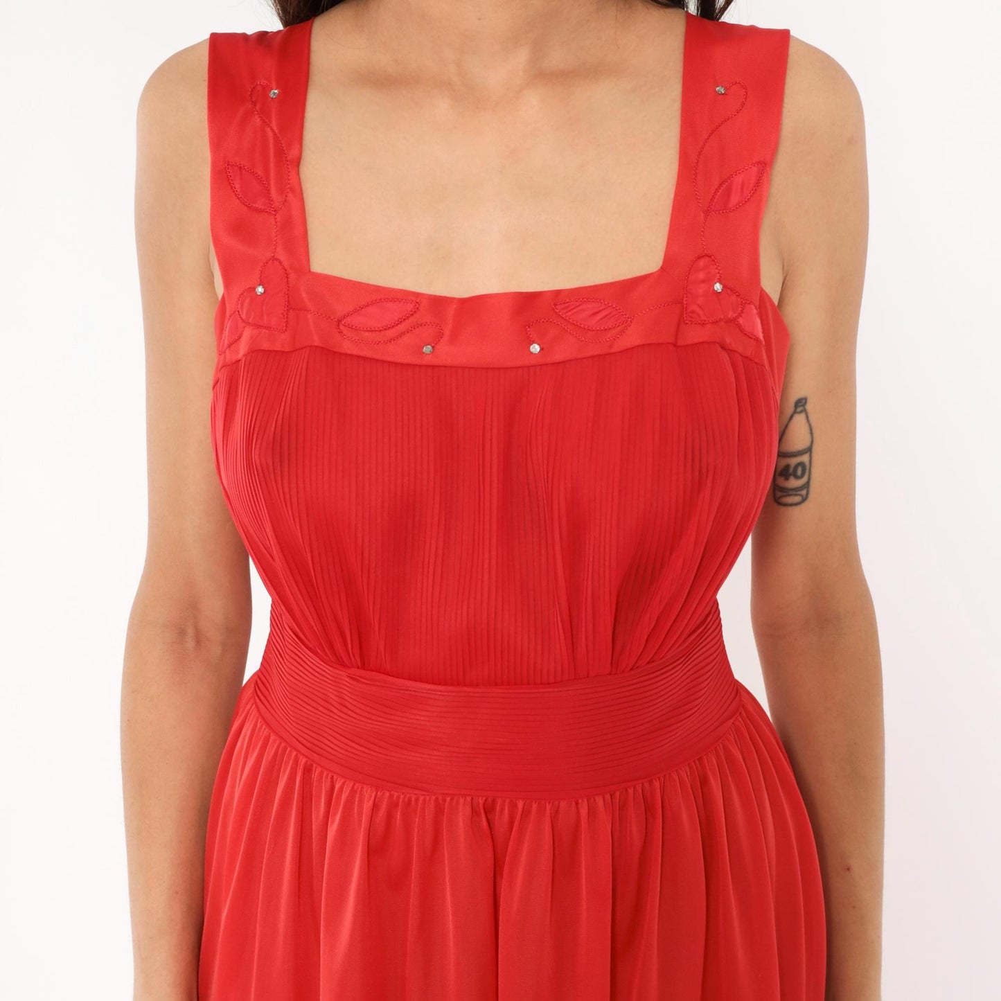 70s Red Babydoll Dress Satin Straps Embroidered Leaf Mini Nylon Medium M