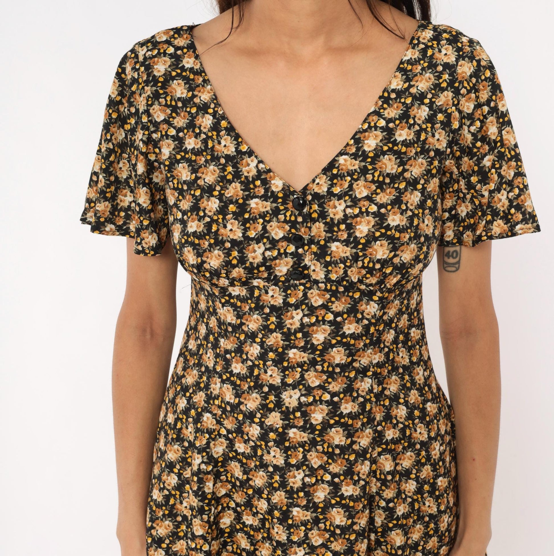 90s Contempo Casuals Floral Mini Dress Black Peach Rose V-Neck Flutter Sleeve Small S