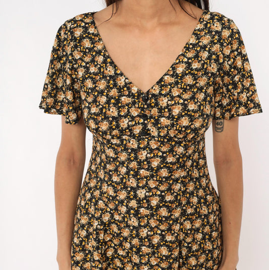 90s Contempo Casuals Floral Mini Dress Black Peach Rose V-Neck Flutter Sleeve Small S