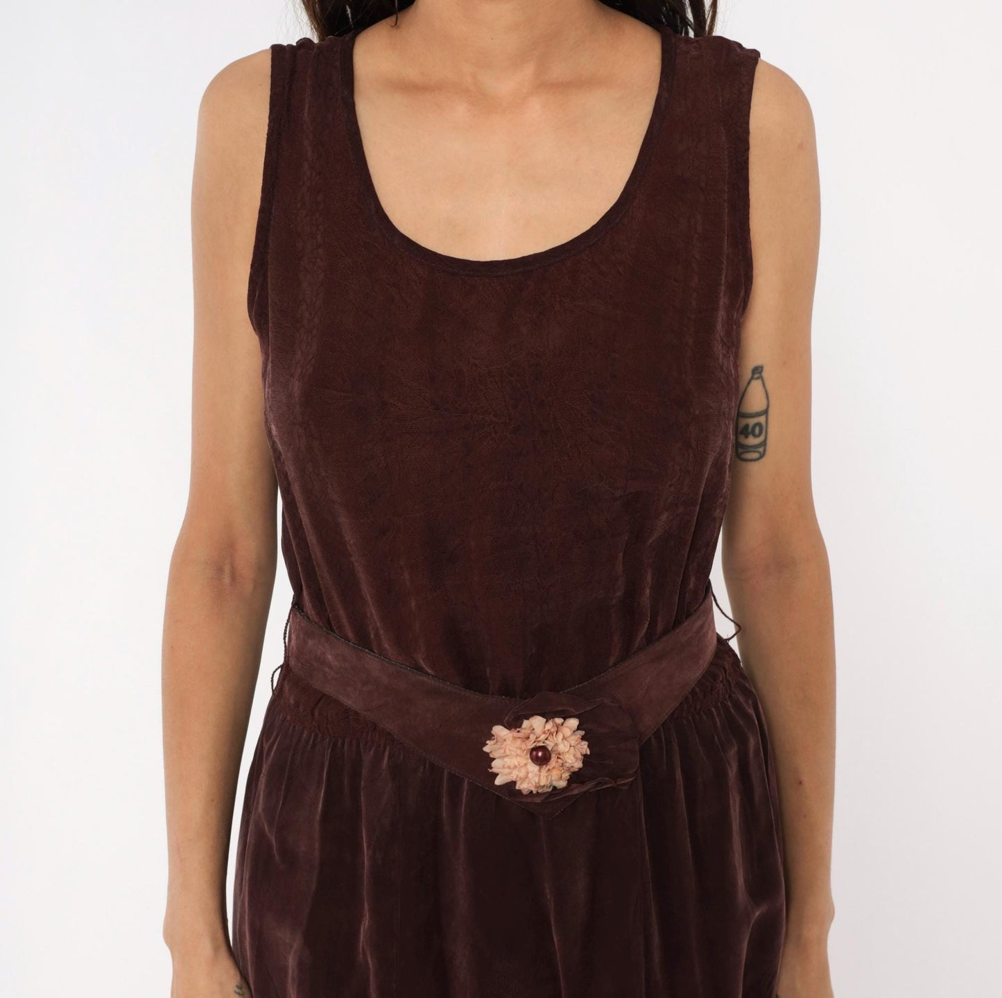 90s Plum Velvet Maxi Dress Sleeveless Scoop Neck Floral Belt Small Medium