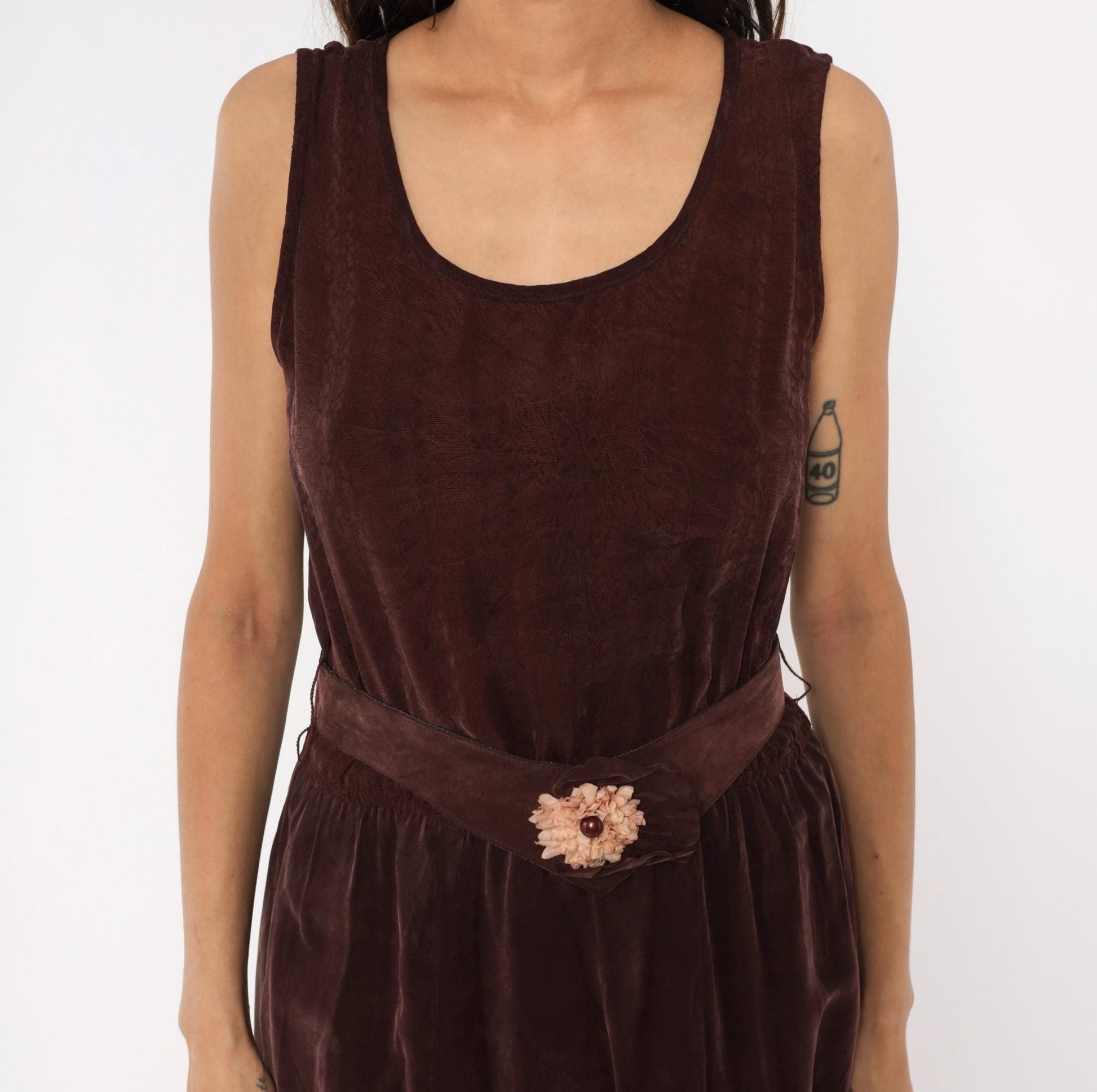 90s Plum Velvet Maxi Dress Sleeveless Scoop Neck Floral Belt Small Medium