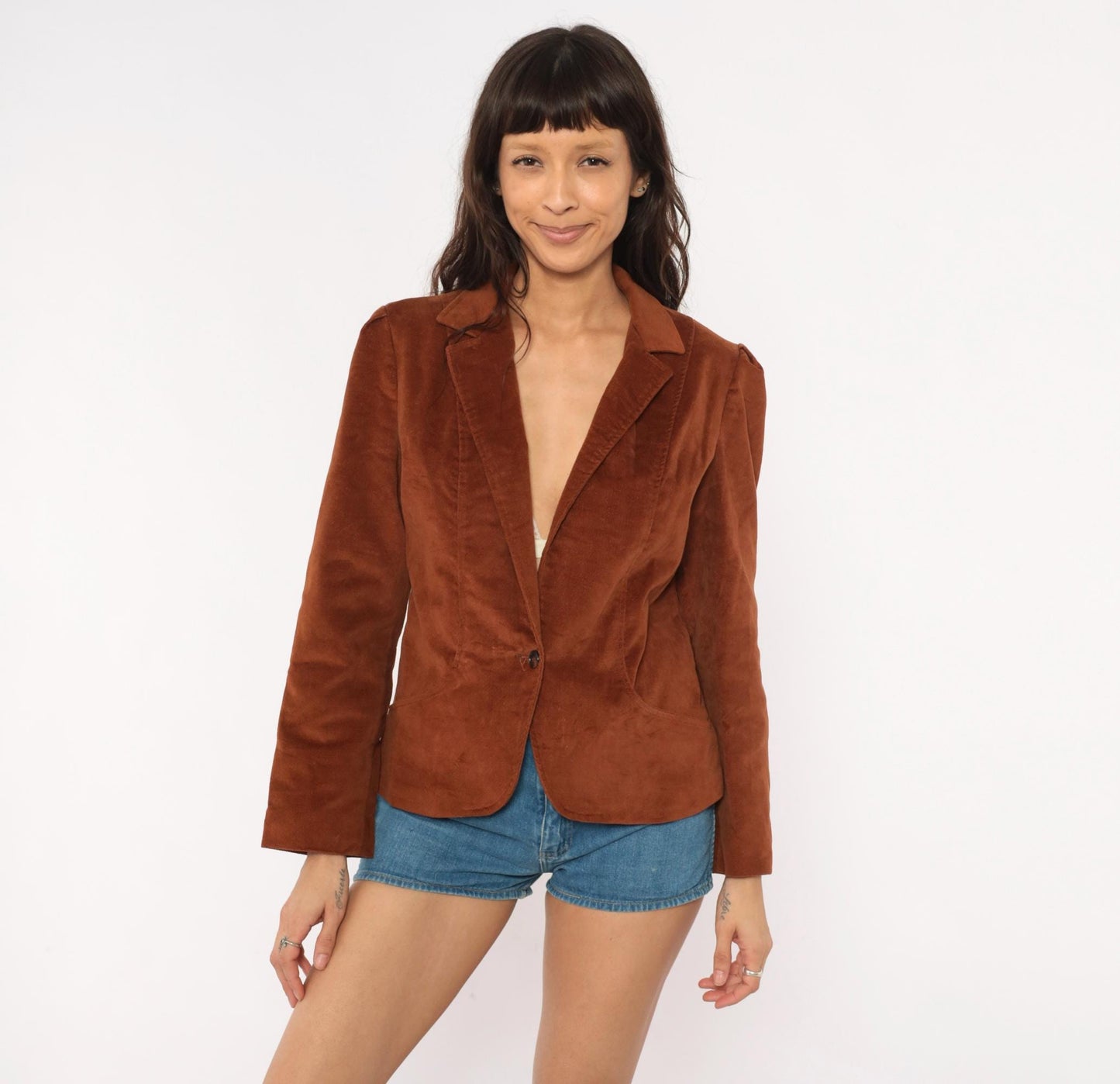70s Brown Velvet Blazer Single Button Puff Shoulder Fitted Jacket Small