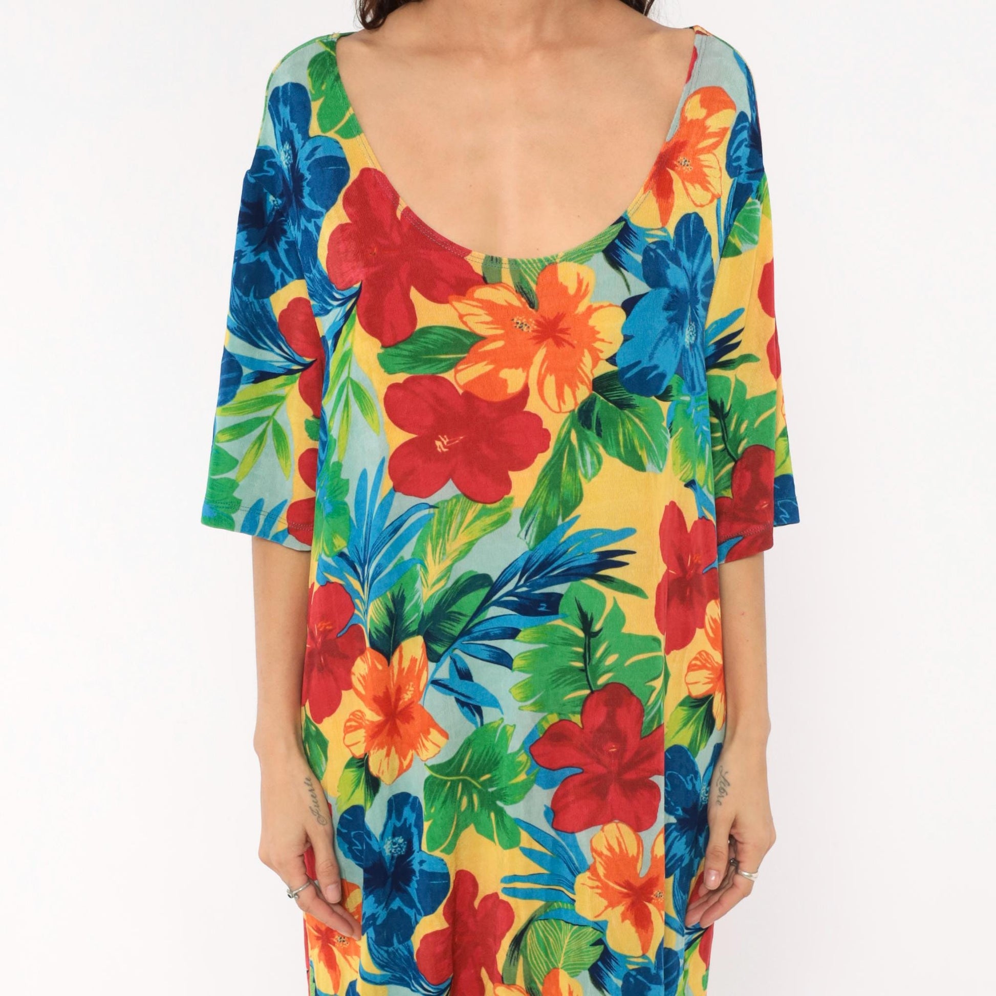 90s Slinky Brand Tropical Hibiscus Dress Scoop Neck Half Sleeve Plus Size XXL