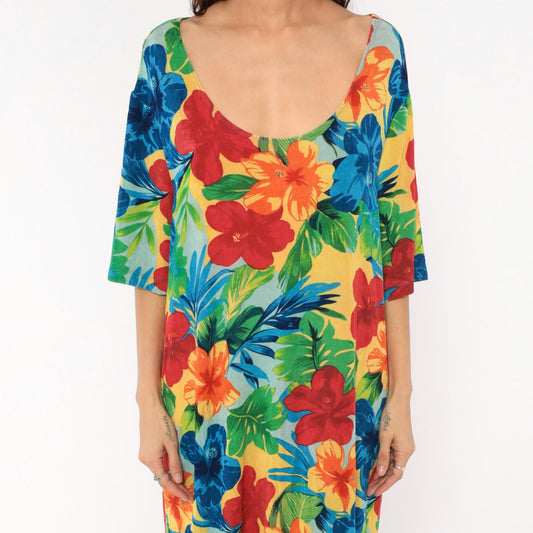 90s Slinky Brand Tropical Hibiscus Dress Scoop Neck Half Sleeve Plus Size XXL