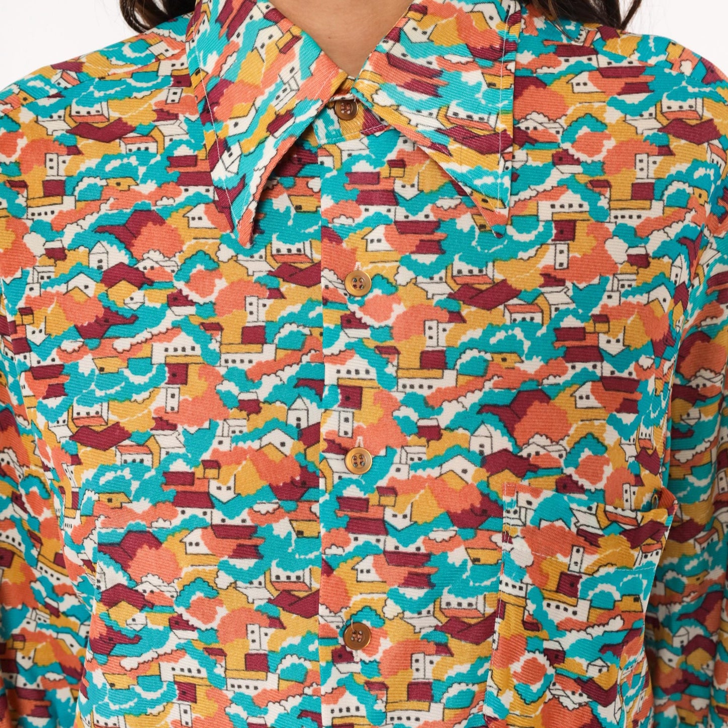 70s Towncraft Village Landscape Shirt Pointed Collar Scenic Print Medium