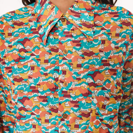 70s Towncraft Village Landscape Shirt Pointed Collar Scenic Print Medium
