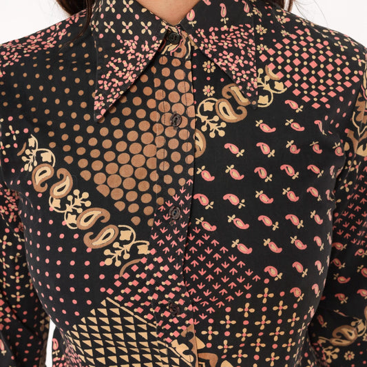 70s Gina Fashion Patchwork Button Blouse Black Pink Tan Paisley Cotton Extra Small