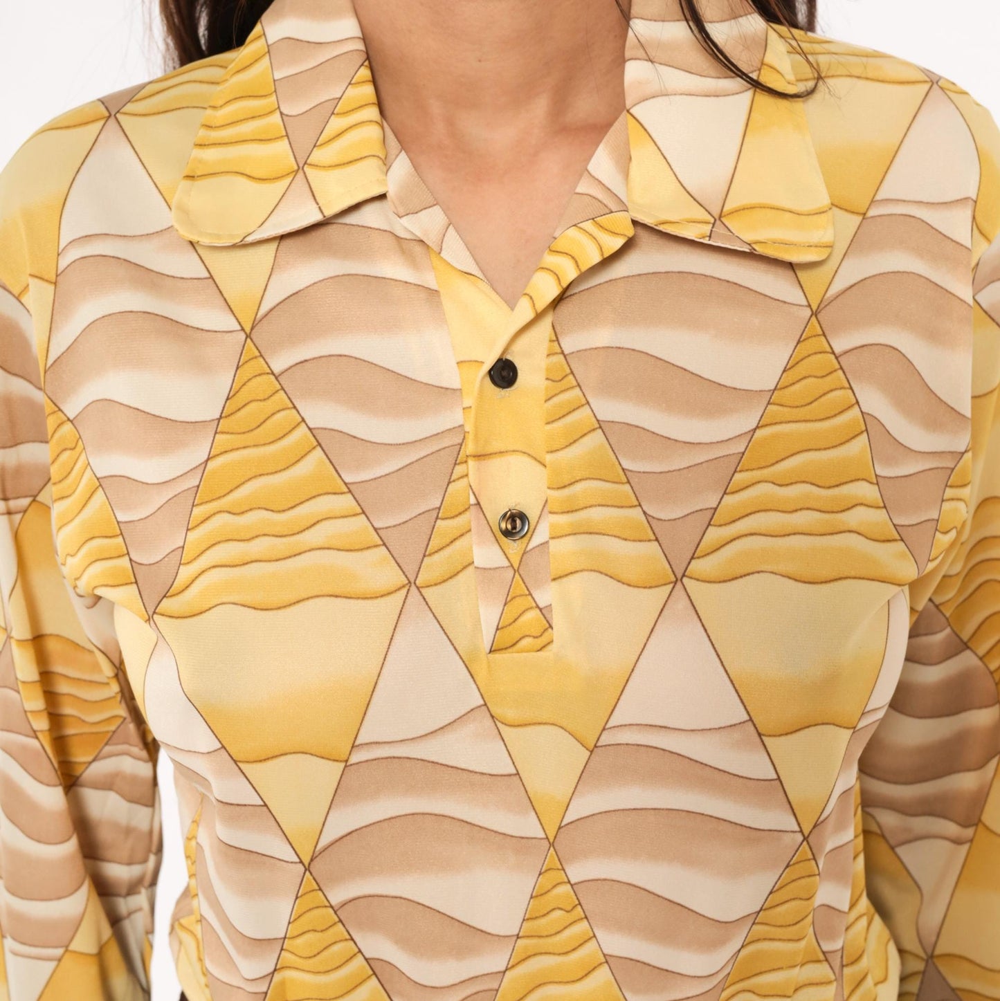 70s Diamond Harlequin Polo Blouse Yellow Beige Long Sleeve Small