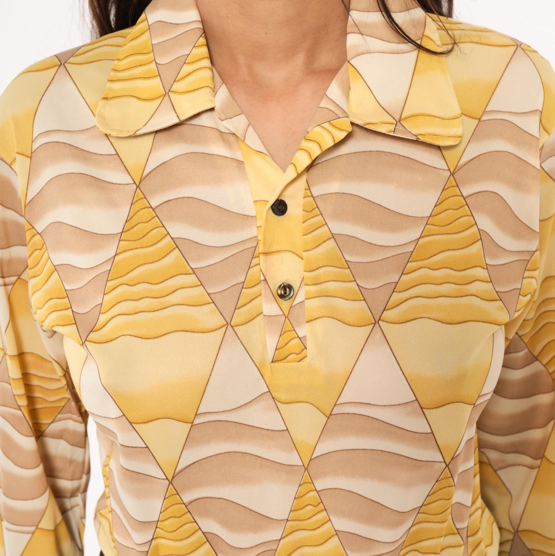 70s Diamond Harlequin Polo Blouse Yellow Beige Long Sleeve Small