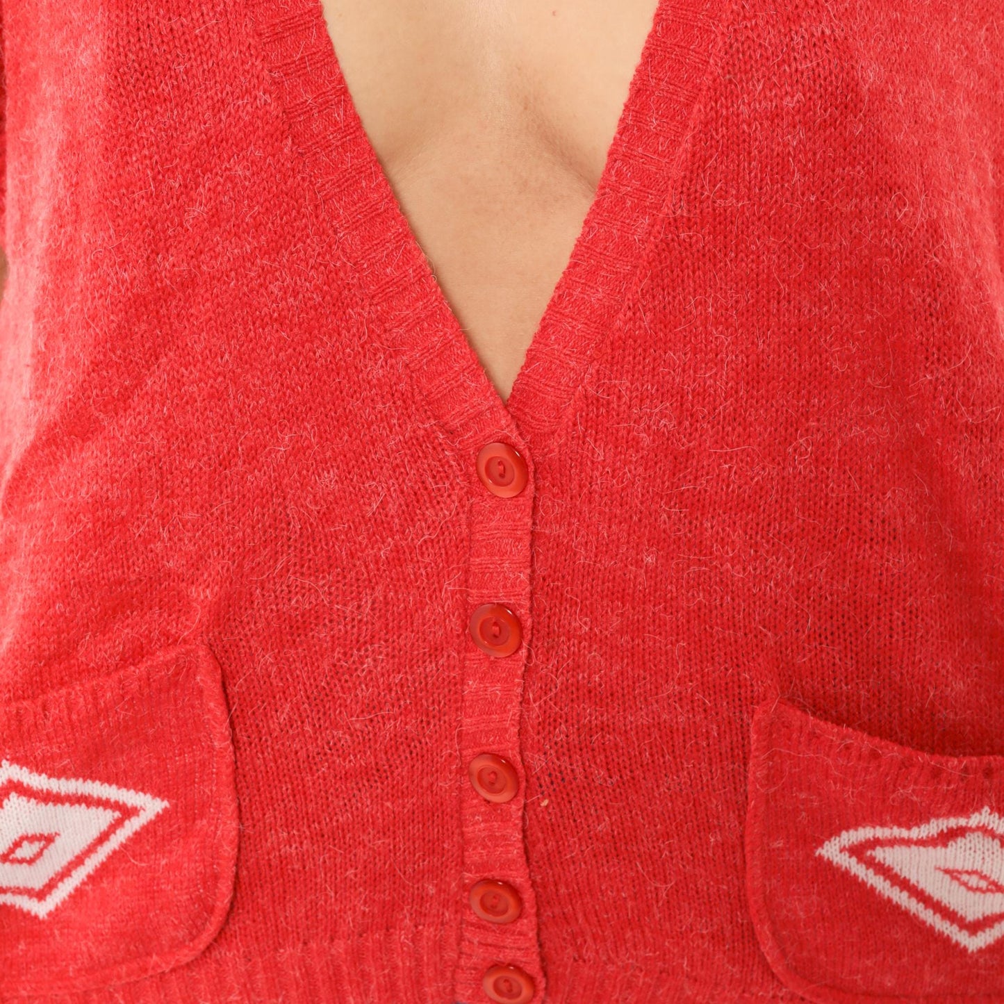 80s Red Knit Vest Button Front V Neck Diamond Pocket Cardigan Large L