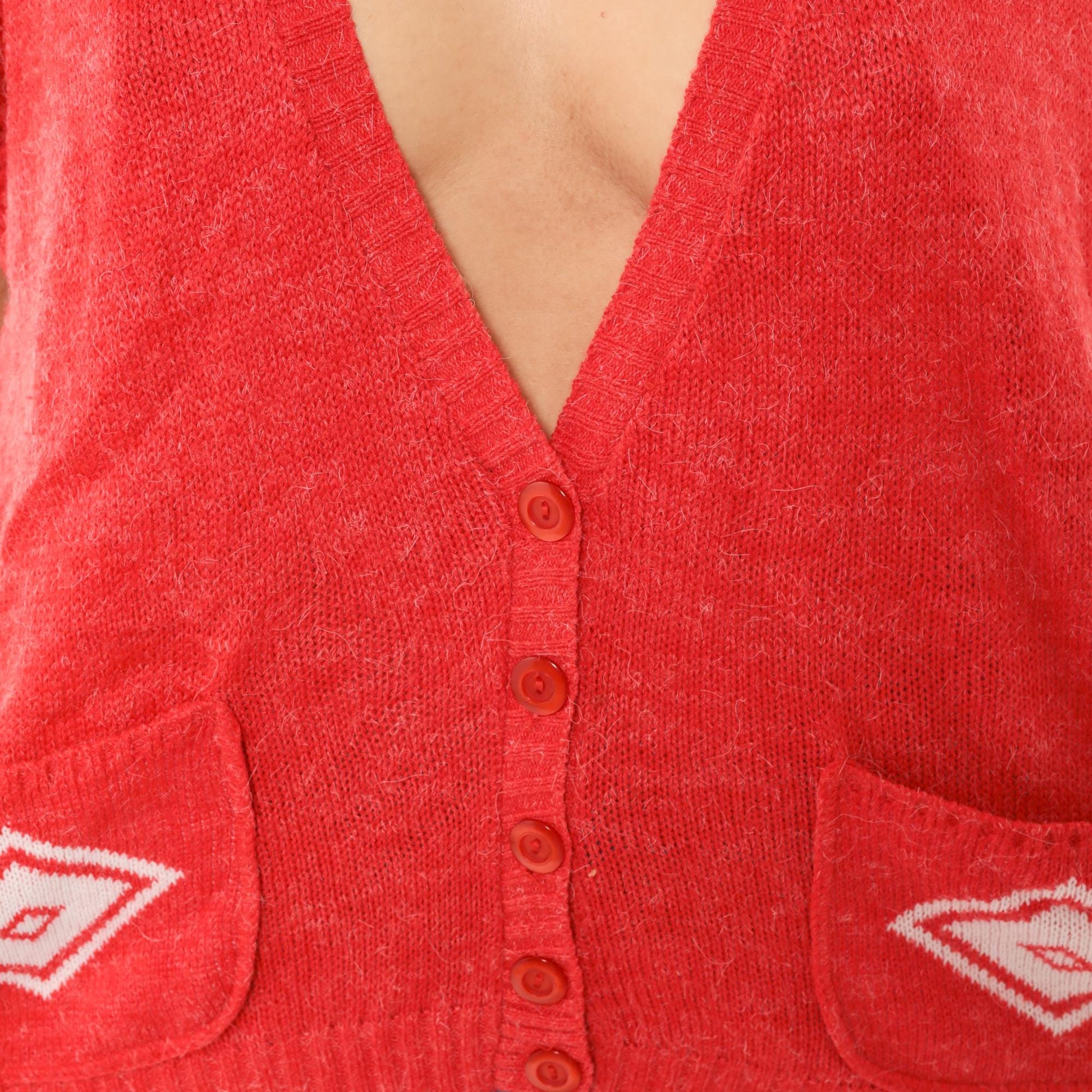 80s Red Knit Vest Button Front V Neck Diamond Pocket Cardigan Large L