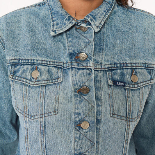 90s Lee Cropped Denim Jacket Light Wash Blue Cotton Trucker Small S