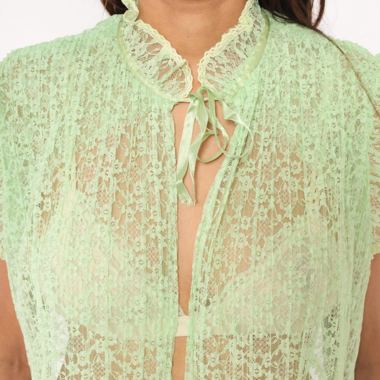 70s Mint Green Lace Crop Top Floral Sheer Ruffle Collar Small