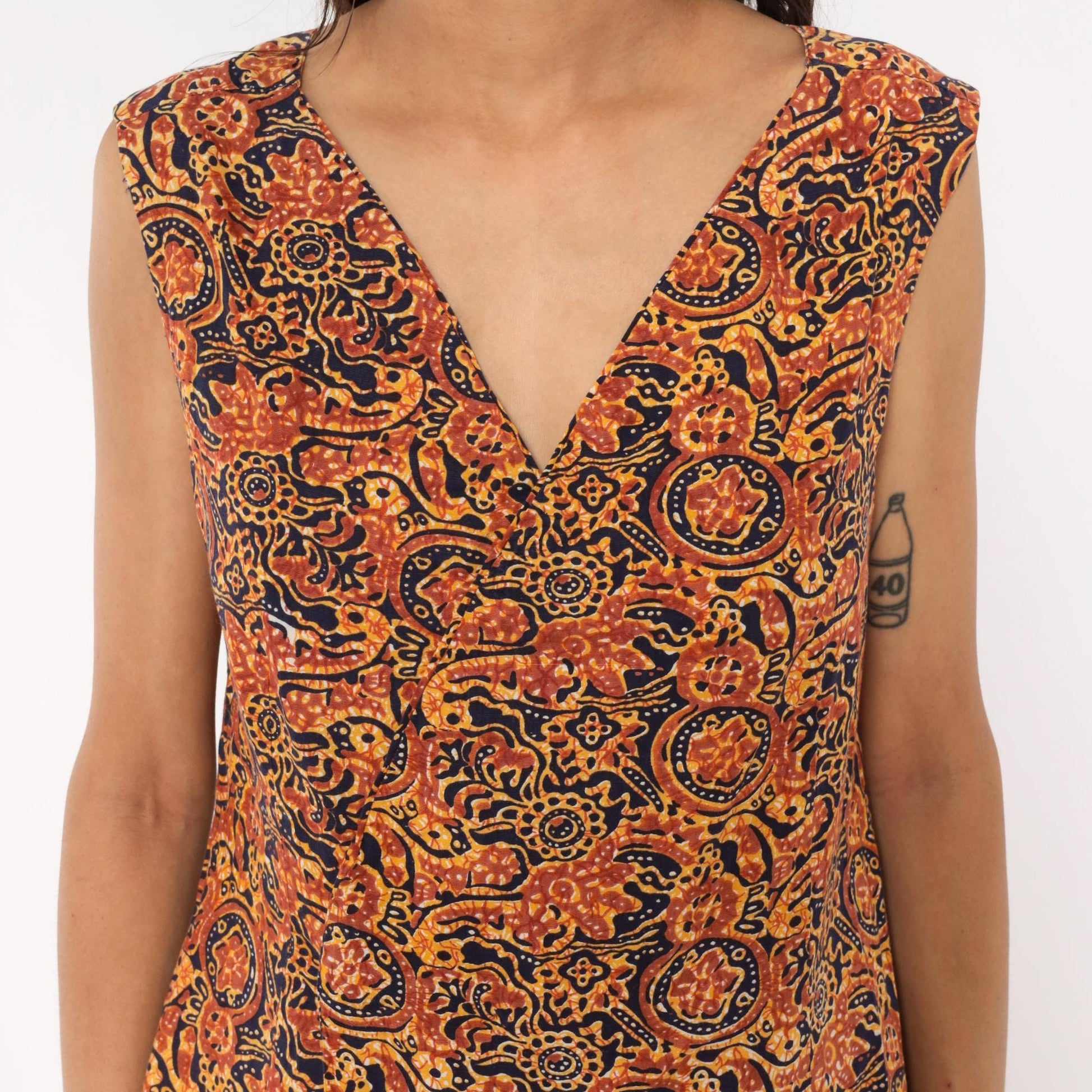 70s Batik Sundress Navy Rust Brown Paisley Floral Cotton V-Neck Medium M