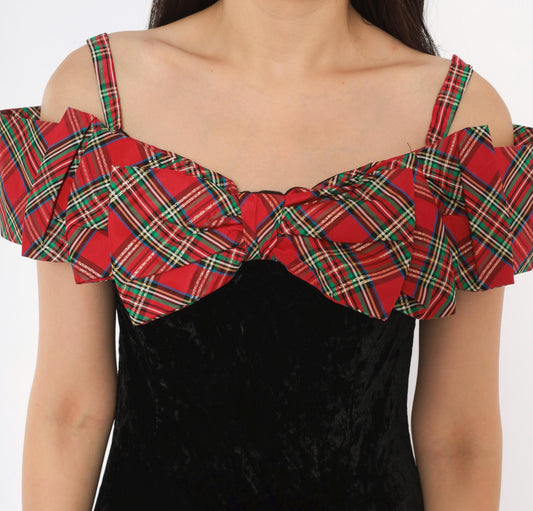 90s Badge Black Crushed Velvet Mini Dress Red Tartan Ruffle Off-Shoulder Extra Small XS