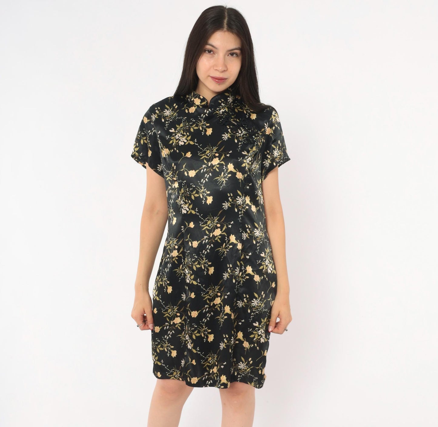 90s Dby Cheongsam Dress Black Gold Floral Brocade Mandarin Collar Mini Medium M