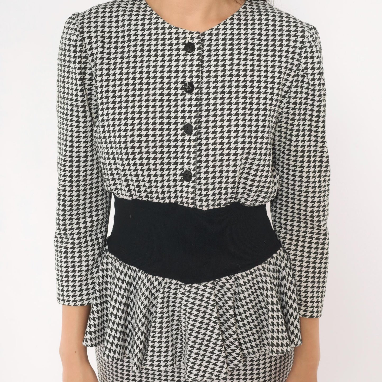 90s Breakin' Loose Houndstooth Peplum Dress Black White Check Small