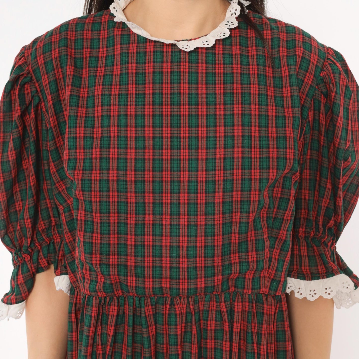 90s Red Green Tartan Maxi Dress Puff Sleeve Eyelet Lace Cotton Large L