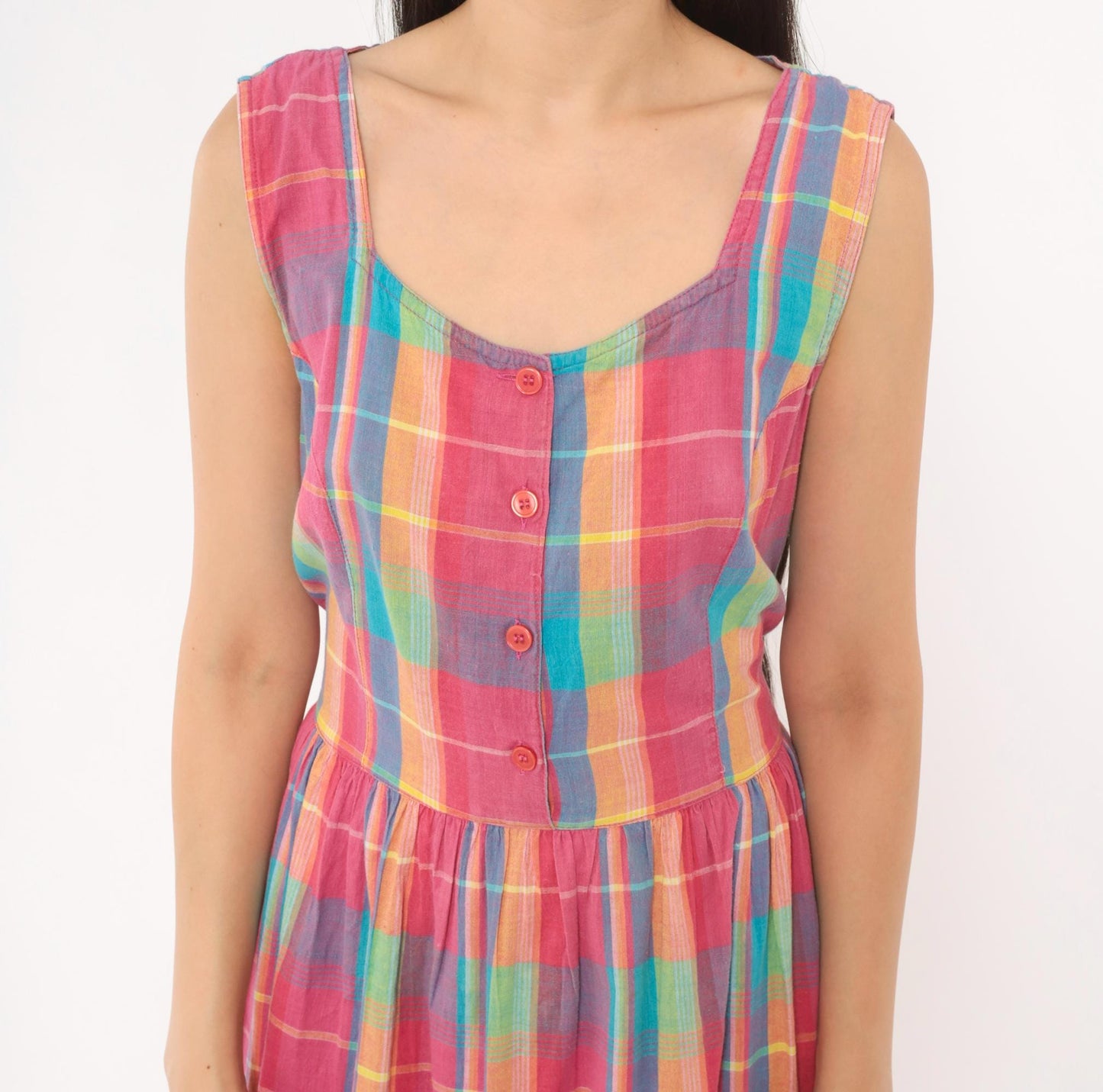 90s Madras Plaid Sundress Pink Turquoise Cotton Button Front Mid-Calf Medium M