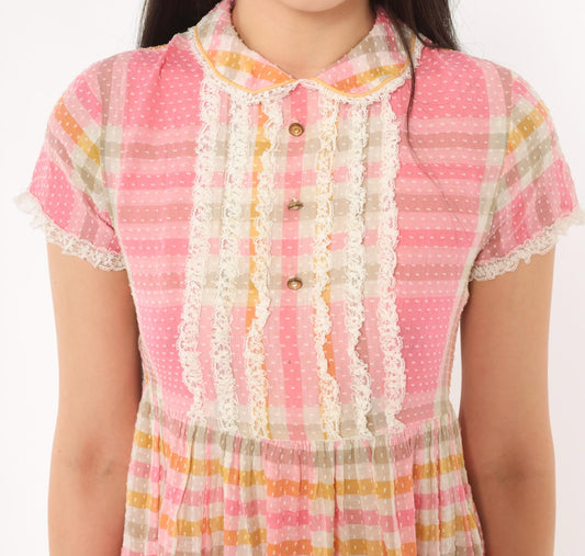 70s Pink Plaid Babydoll Dress Peter Pan Collar Lace Bib Mini XXS