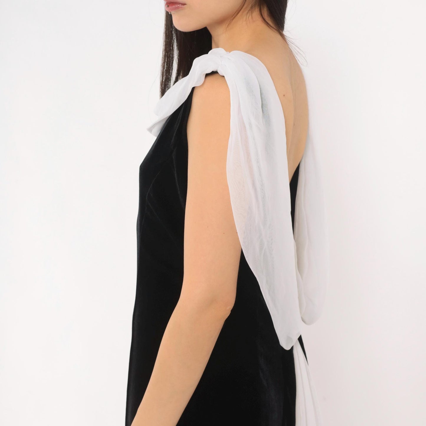 90s Night Way Black Velvet Column Gown White Chiffon Cowl Open Back Floor Length Large L
