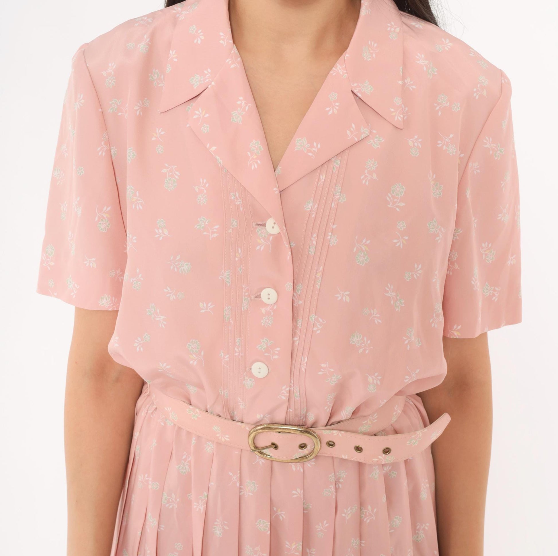 80s Leslie Fay Pink Floral Shirtdress Pleated Midi Notched Collar Small