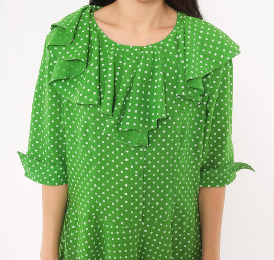 2000s Green White Polka Dot Cotton Midi Dress Ruffle Collar Puff Sleeve Large L