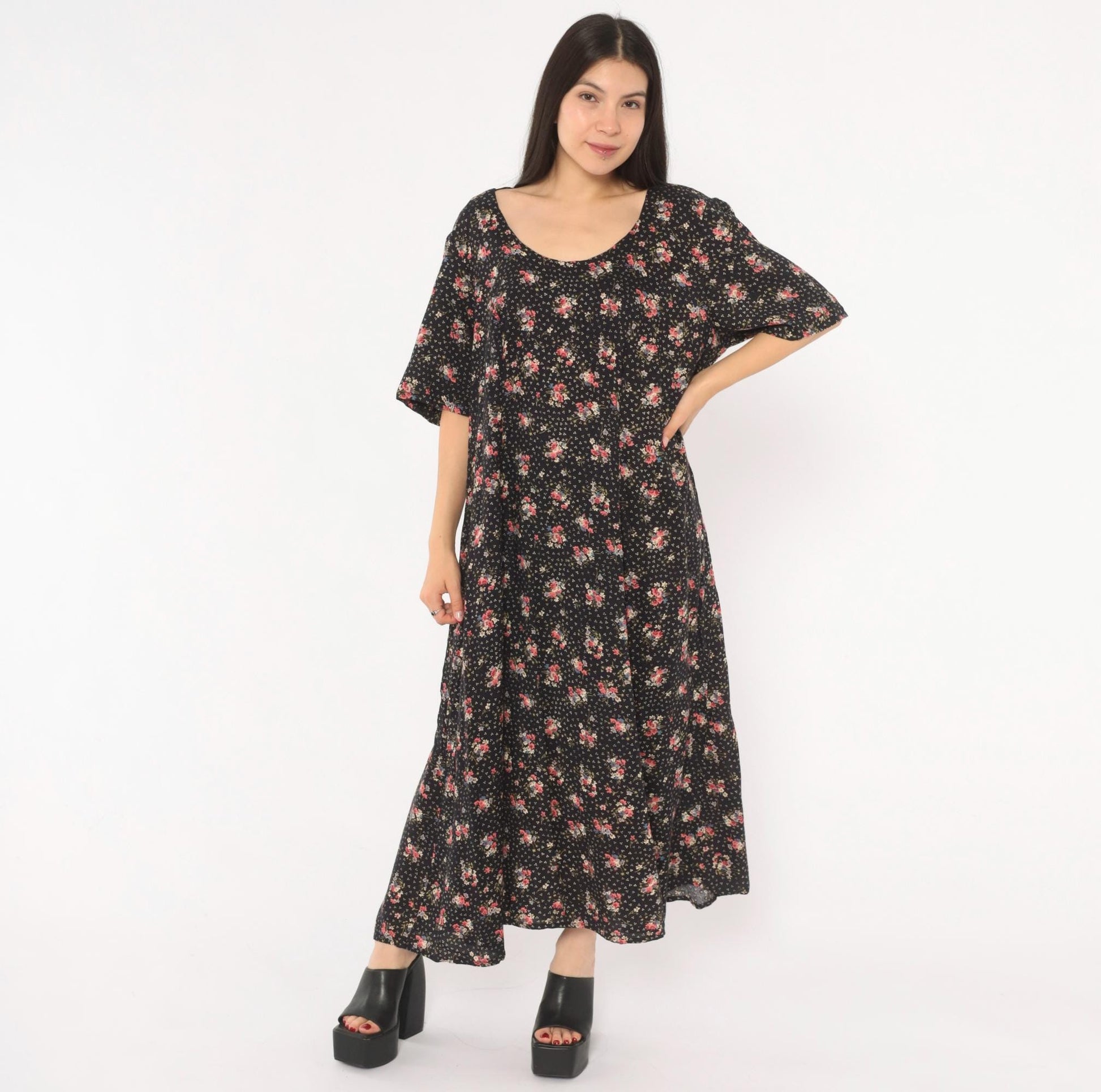 90s Jamie Brooke Black Floral Maxi Dress Pink Blue Scoop Neck Medium M