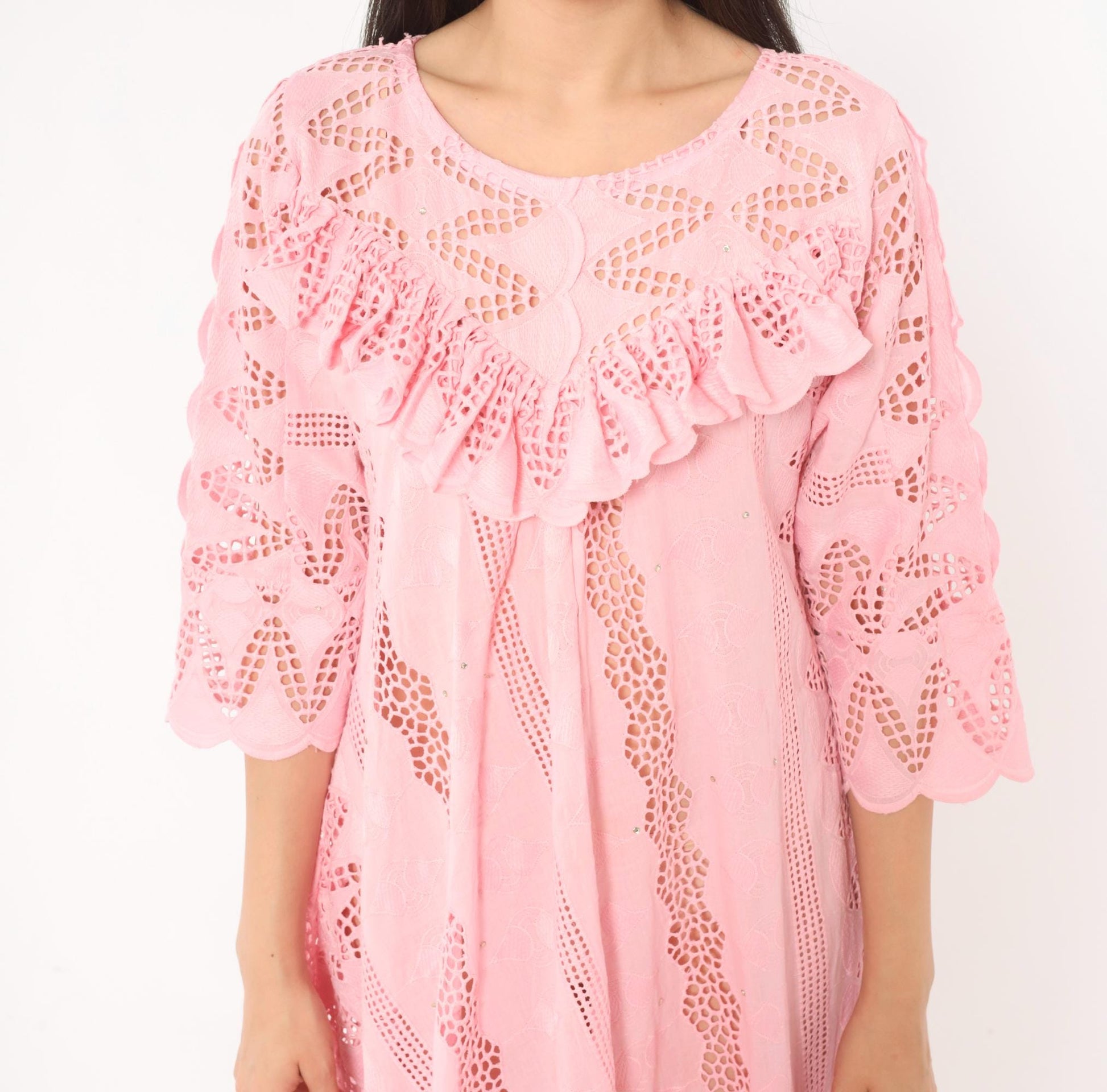 80s Pink Eyelet Lace Maxi Dress Cutwork Embroidered Puff Sleeve Medium M