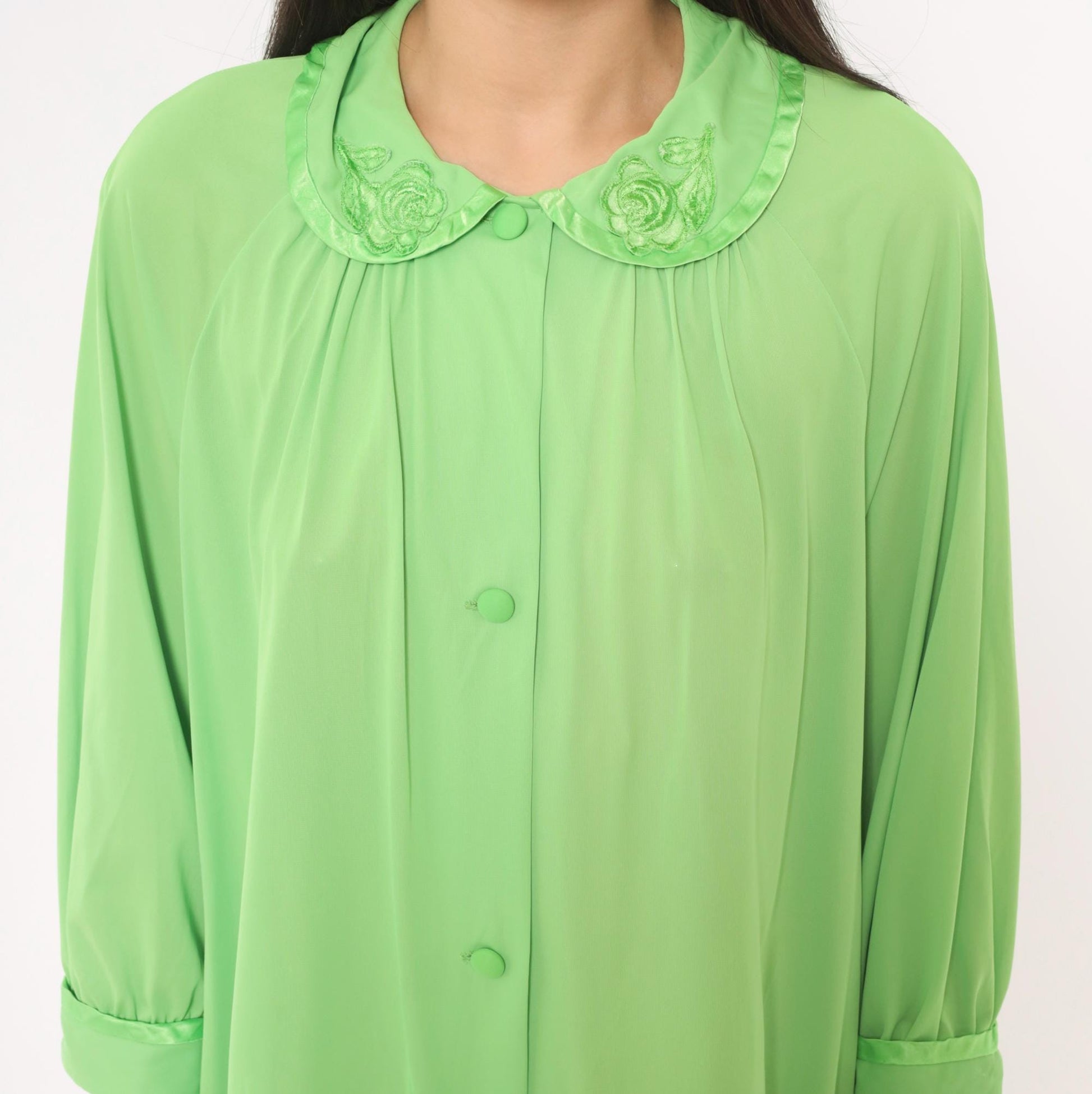 70s Mint Green Button-Front Housecoat Peter Pan Collar Satin Trim Large L
