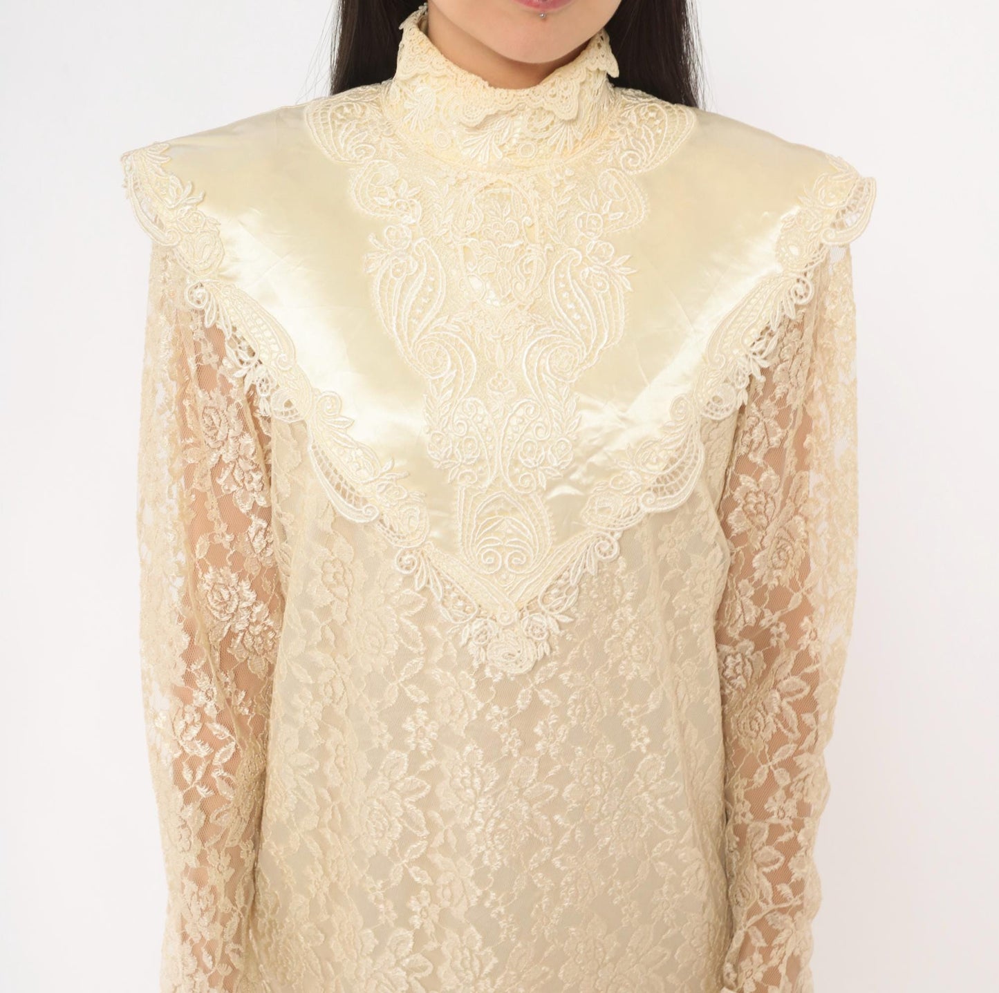 80s Jessica Mclintock Cream Lace Mermaid Wedding Dress High Neck Satin Bib Medium M