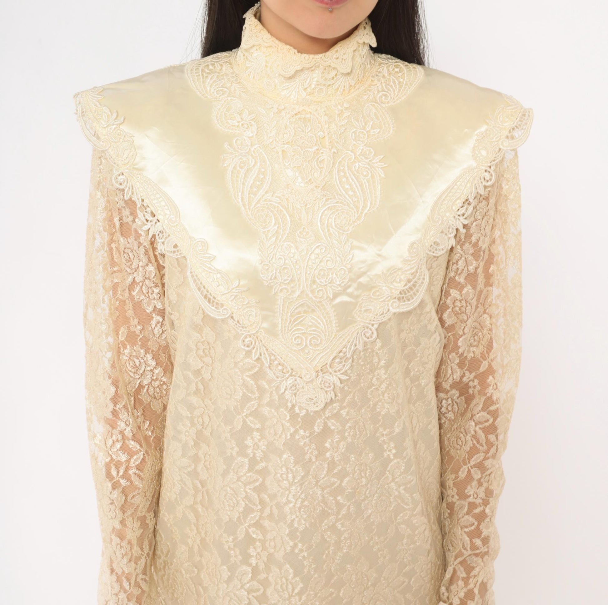 80s Jessica Mclintock Cream Lace Mermaid Wedding Dress High Neck Satin Bib Medium M