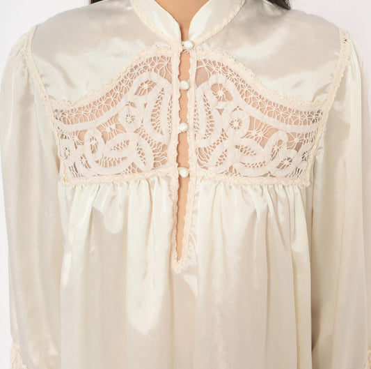 80s Iris Satin Babydoll Robe Cutwork Lace Mandarin Collar Puff Sleeve Cream Large L