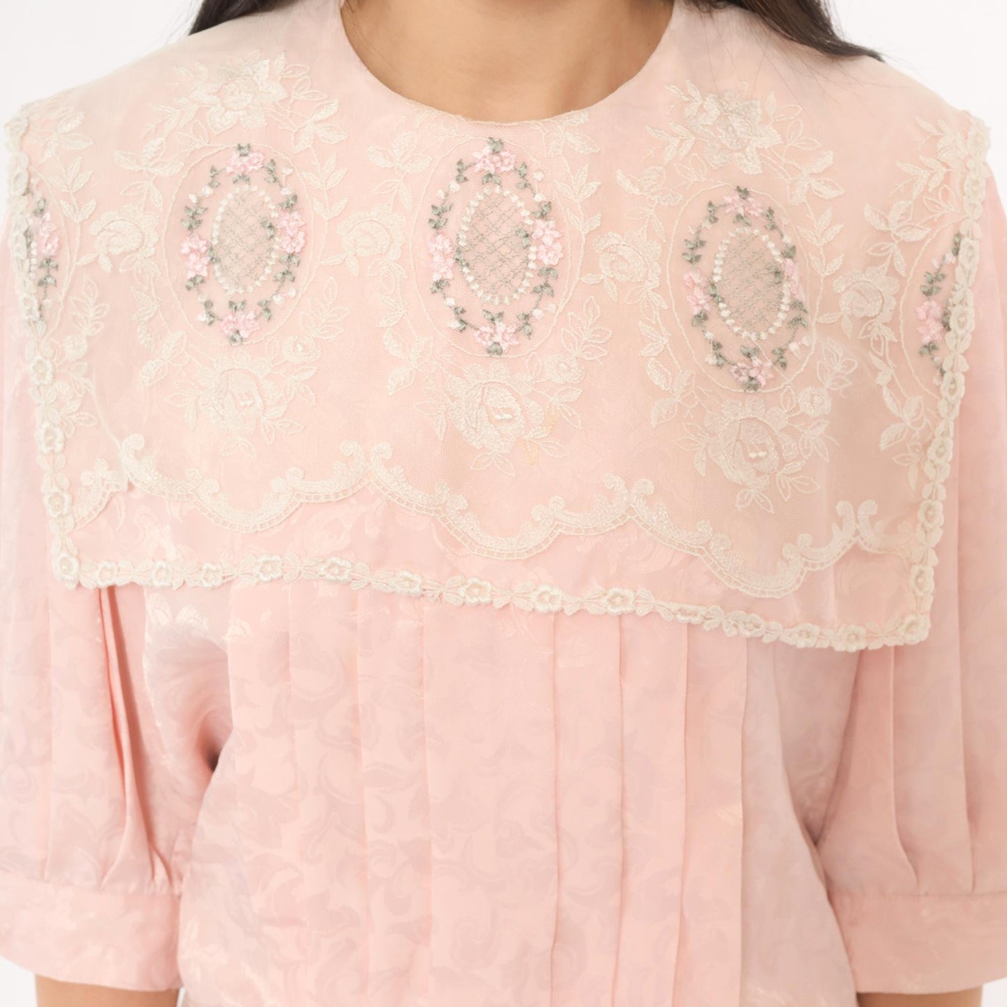 80s Nilani Blush Pink Maxi Dress Lace Cape Collar Floral Jacquard Small