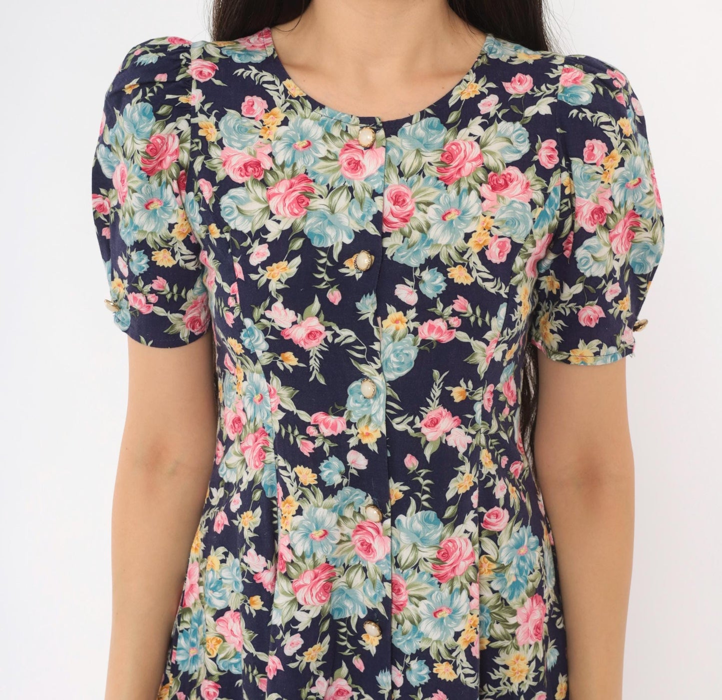 90s Sweet Soda Floral Mini Dress Navy Puff Sleeve Lace-Up Cotton XXS