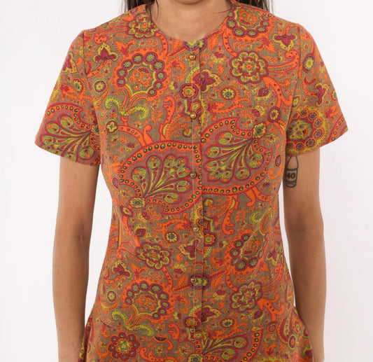60s Junior West California Paisley Shift Dress Orange Cotton Small