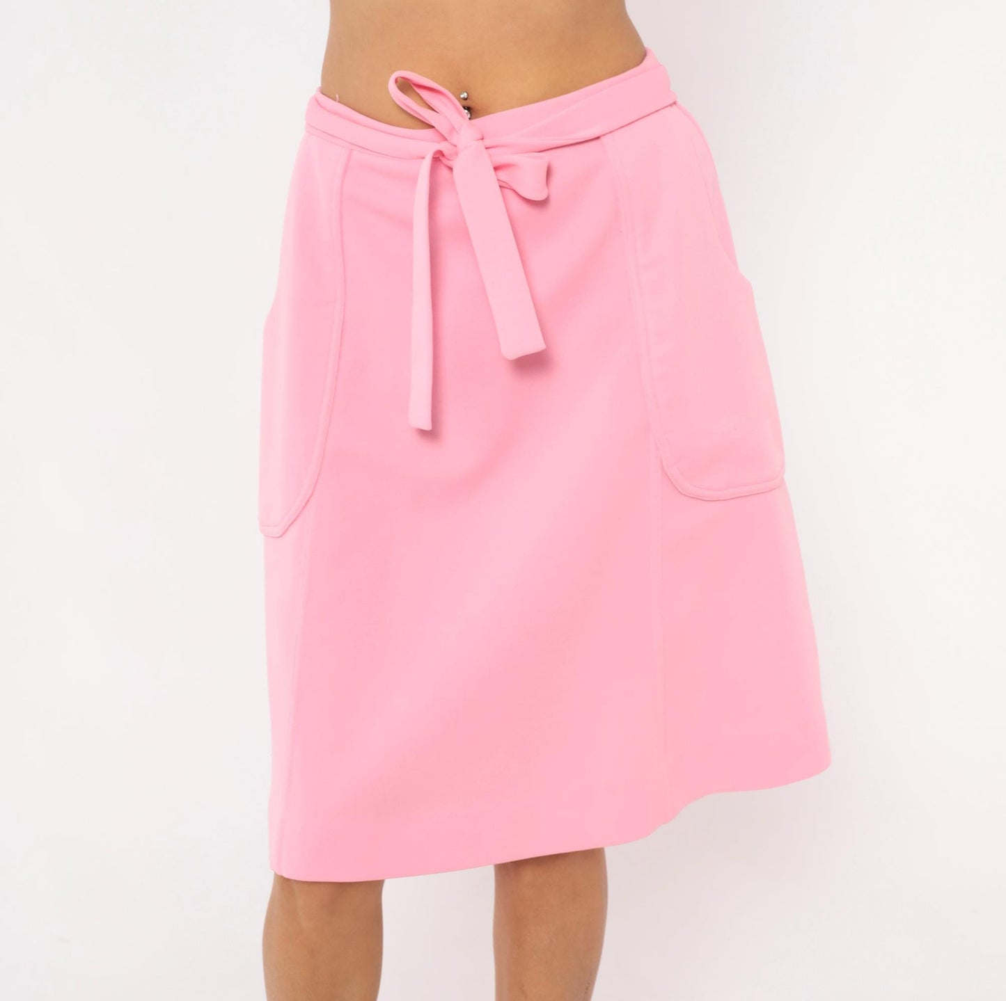 70s Bubblegum Pink Wrap Skirt Tie Waist Patch Pockets Knee-Length Medium