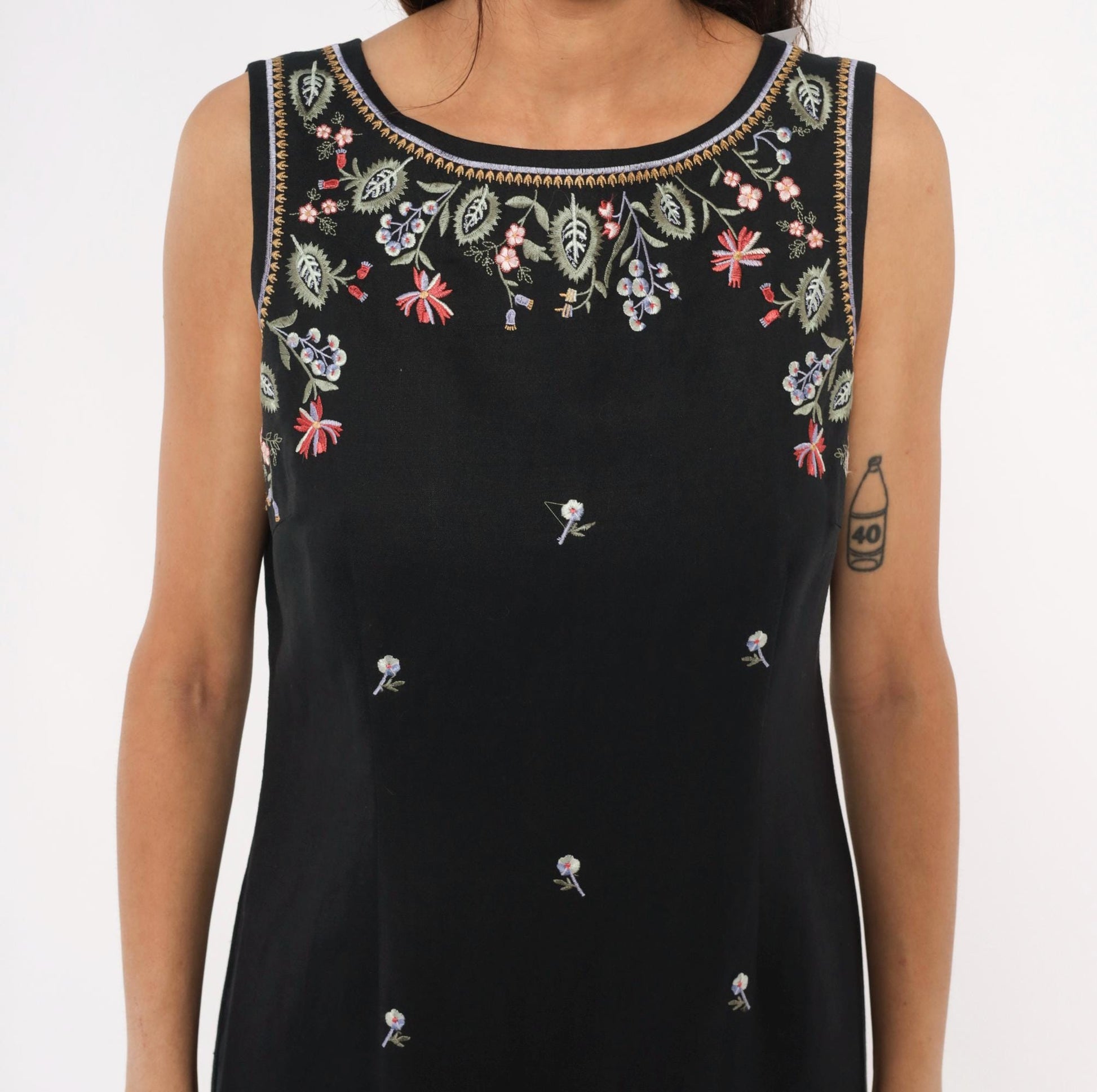 90s Jennifer Eden Black Embroidered Floral Maxi Dress V-Back Slit Medium M