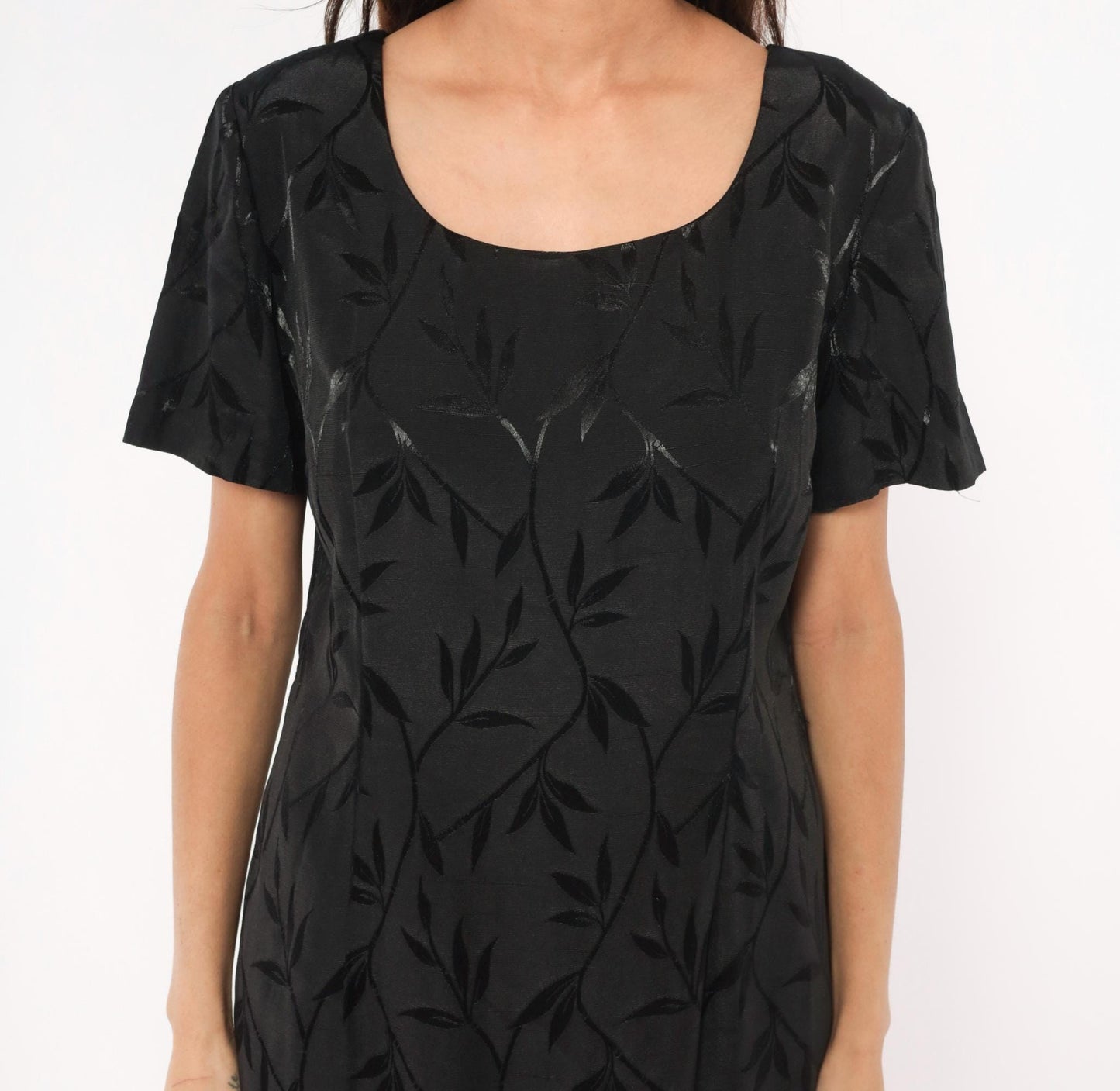 90s Giorgio Fiorlini Black Jacquard Leaf Shift Dress Scoop Neck Large L