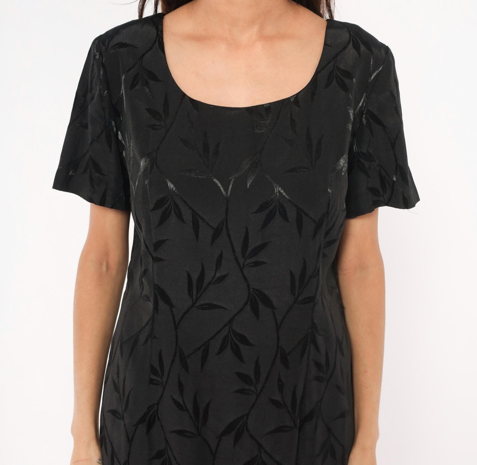 90s Giorgio Fiorlini Black Jacquard Leaf Shift Dress Scoop Neck Large L