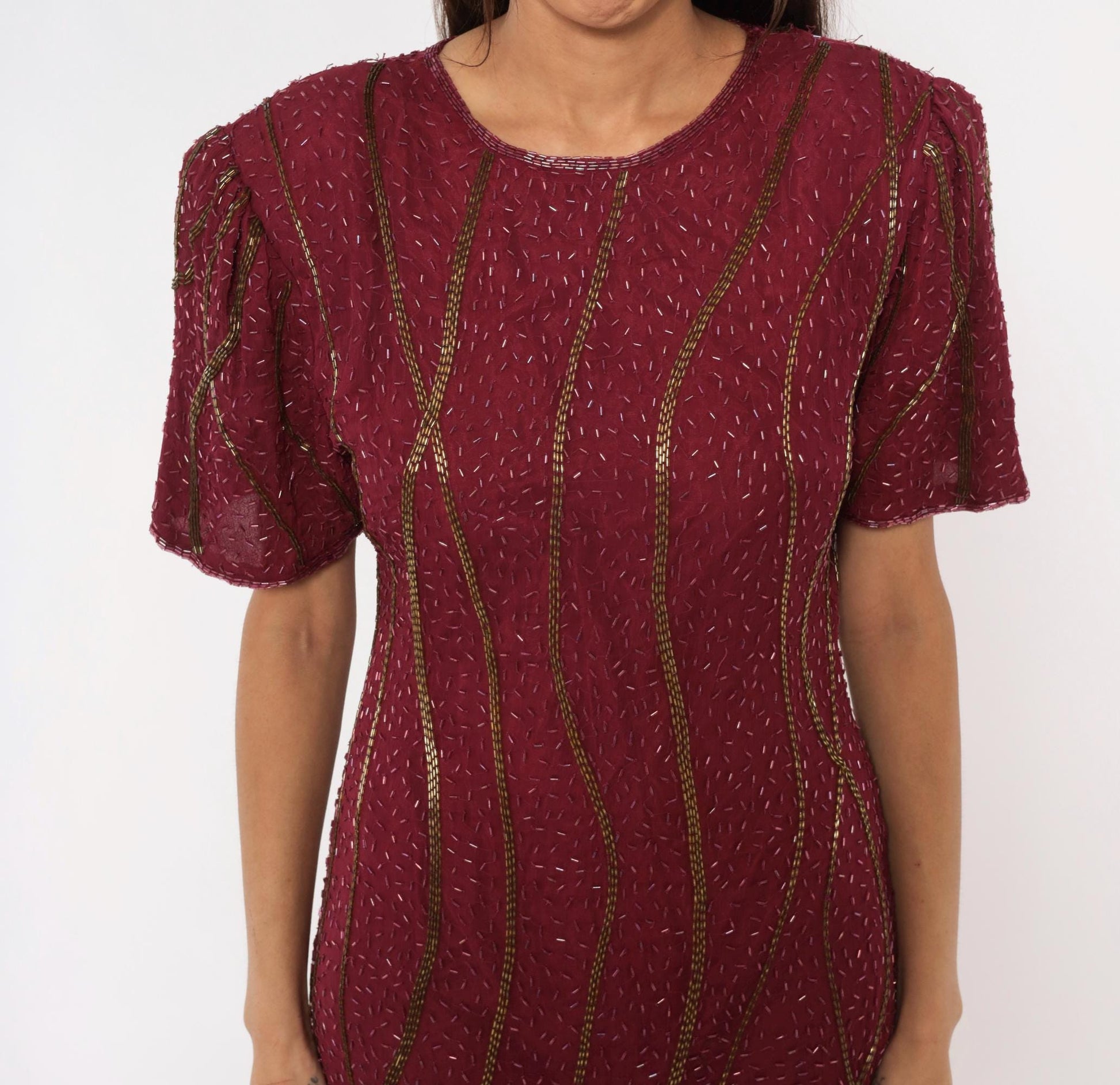 80s Sweelo Burgundy Beaded Dress Gold Bugle Bead Stripes Knee-Length Medium