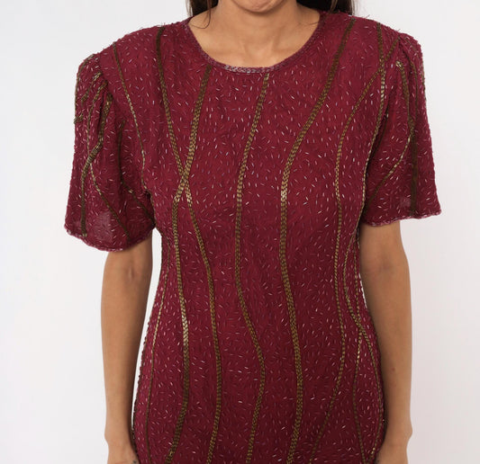 80s Sweelo Burgundy Beaded Dress Gold Bugle Bead Stripes Knee-Length Medium