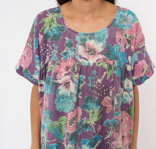 80s CW Classics Floral Watercolor Cotton Dress Purple Pink Blue Knee Length Small