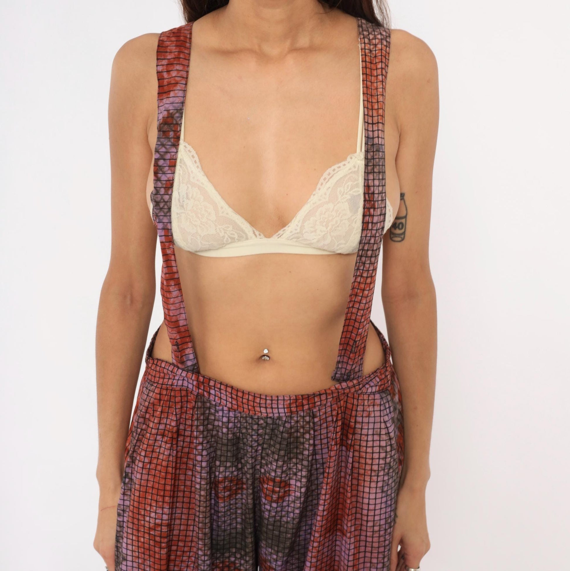 90s Tie Dye Suspender Pants Grid Print Pleated Trousers Purple Brown Medium M