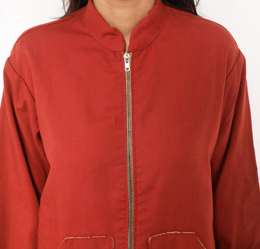 70s Rust Bomber Jacket Cotton Plaid Lined Stand Collar Zip Front Medium