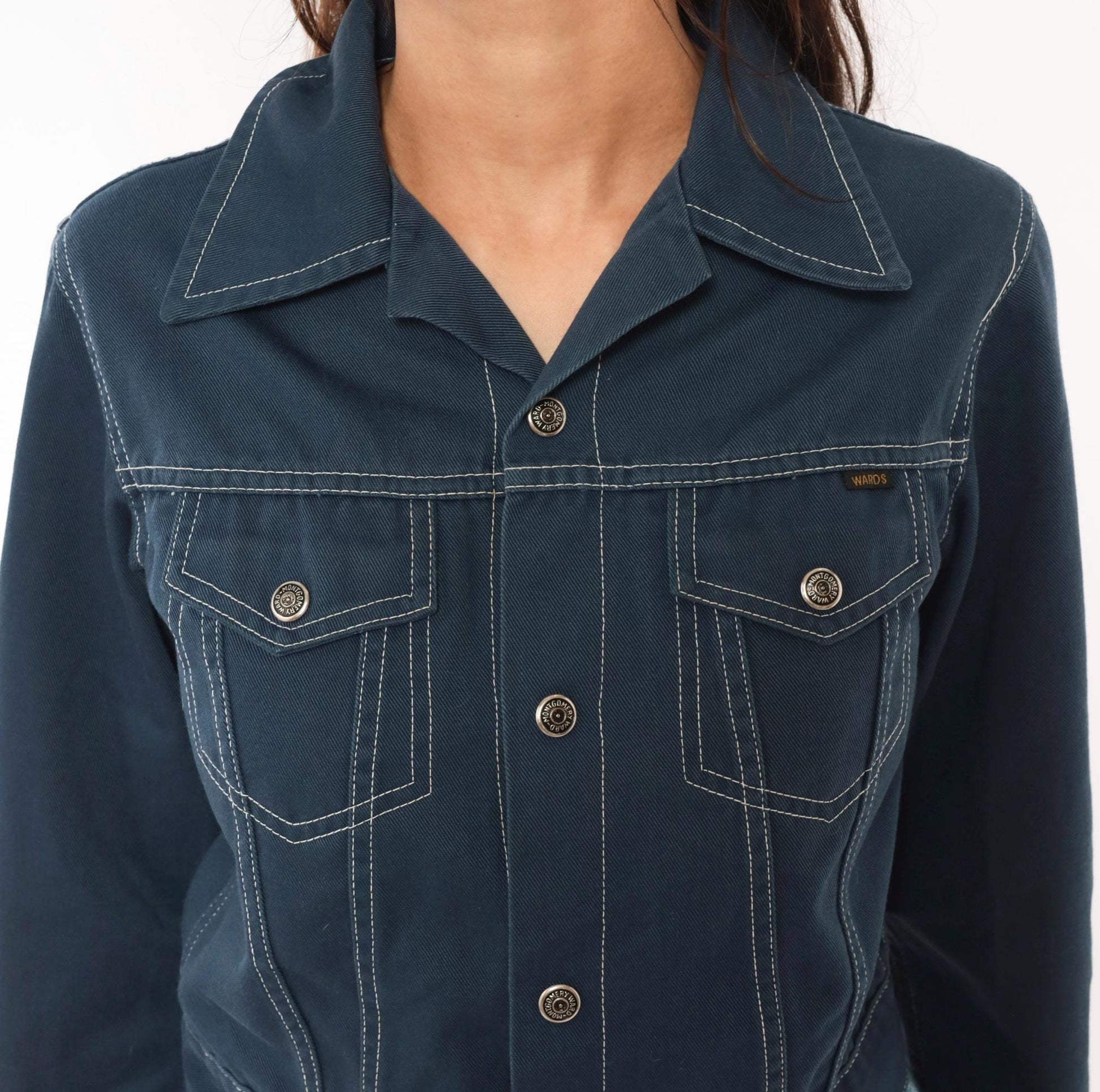 70s Montgomery Ward Cropped Trucker Jacket Navy Snap Front Pointed Collar XXS
